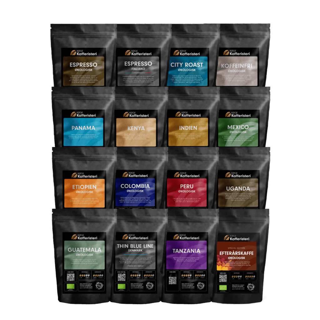 Kaffevarianter i pakker fra forskellige lande, økologisk.