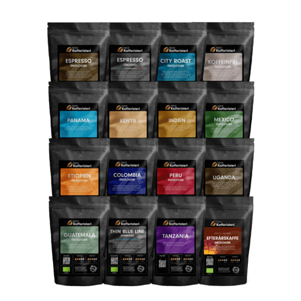 Kaffevarianter i pakker fra forskellige lande, økologisk.
