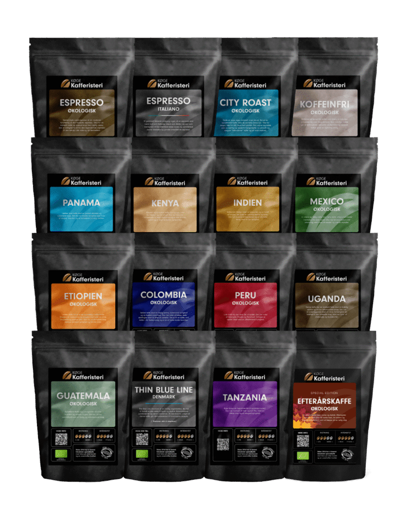 Kaffevarianter i pakker fra forskellige lande, økologisk.