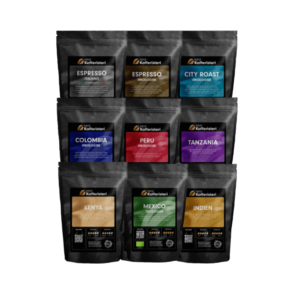 Økologiske kaffevarianter i poser, forskellige typer.