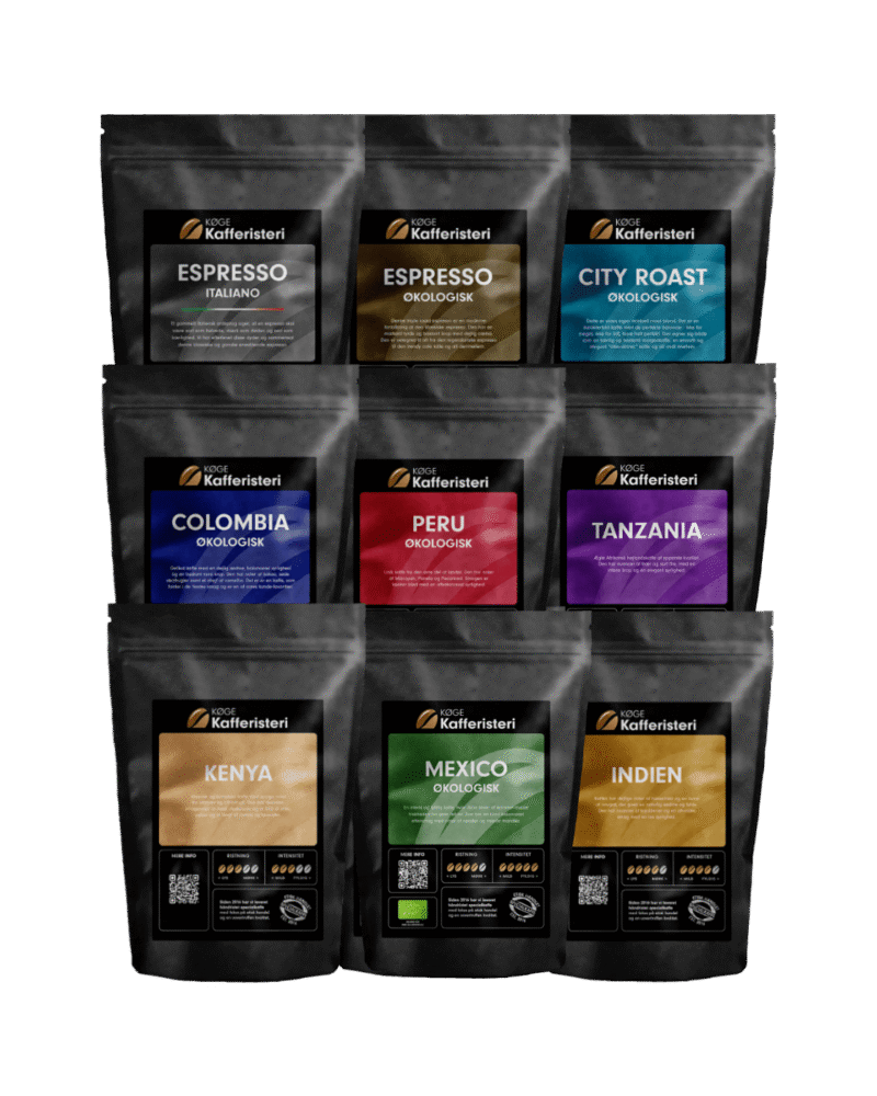 Økologiske kaffevarianter i poser, forskellige typer.