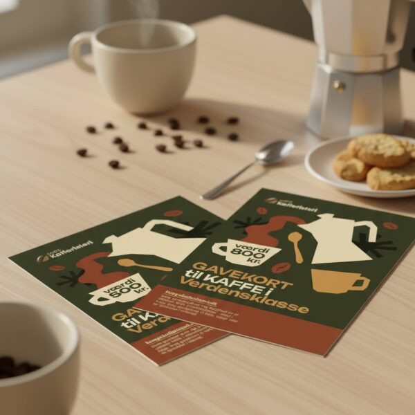Kaffekande, kaffekop og gavekort på træbord