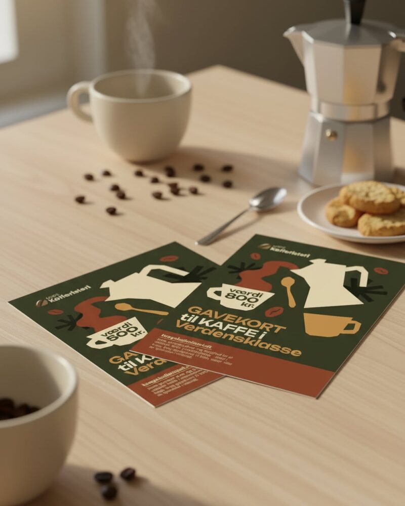 Kaffekande, kaffekop og gavekort på træbord