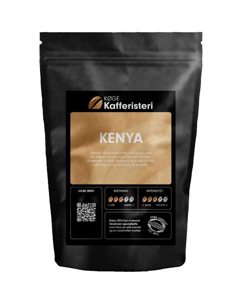 Kenya kaffe i sort pose, komplekse smagsnoter.