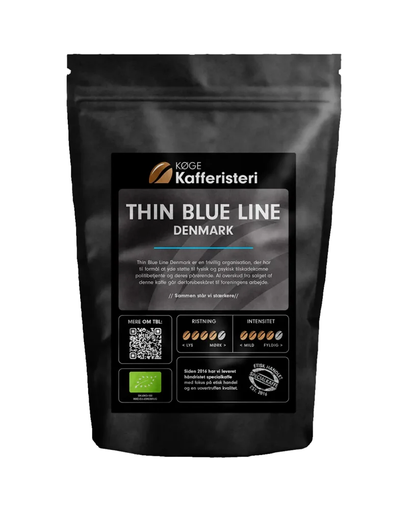 Kaffeemballage med Thin Blue Line Denmark design.