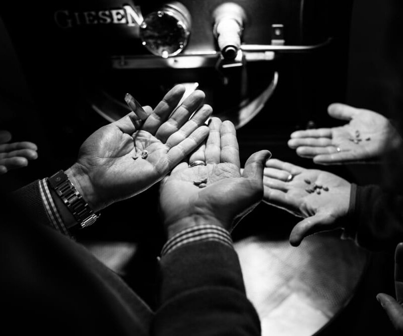 Mennesker holder kaffebønner foran rister