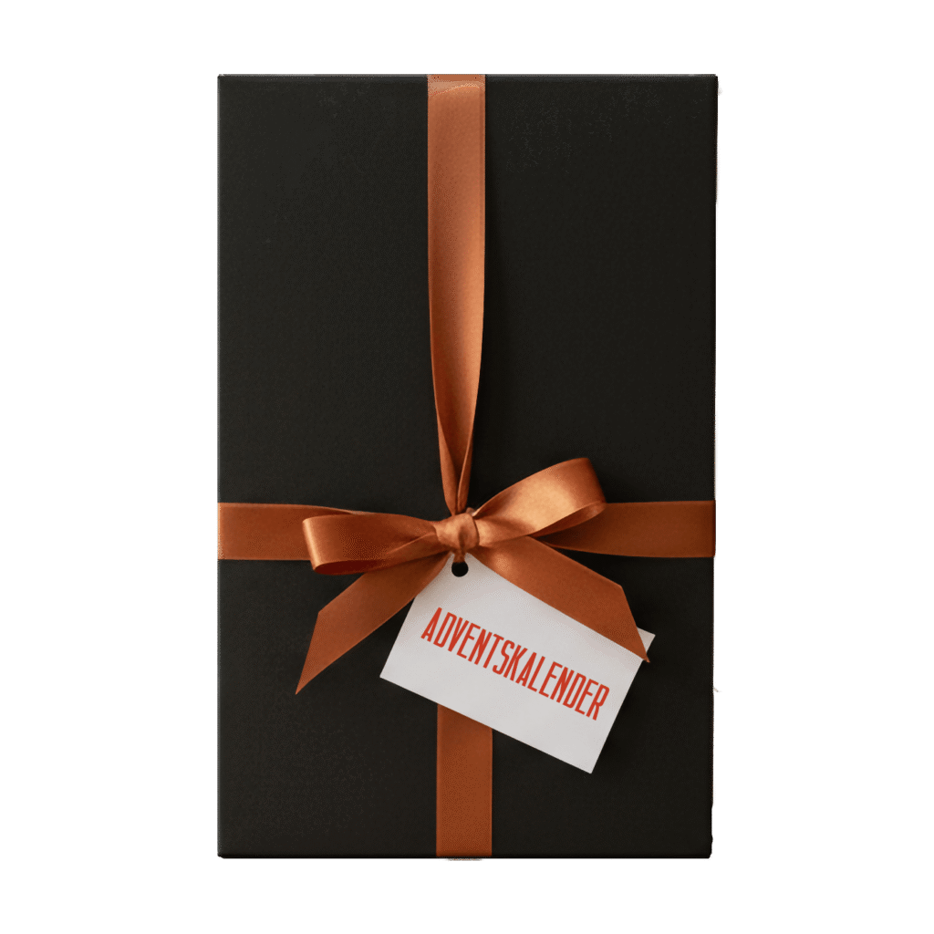 Gaveæske med adventskalenderetiket og brun sløjfe.