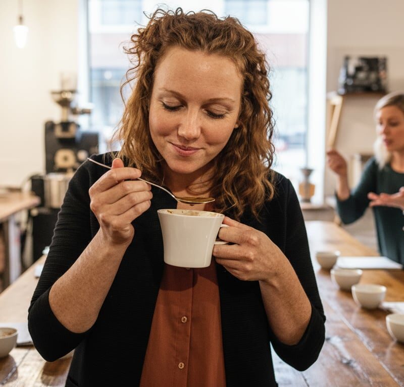Kvinde smager kaffe i smagepanel på café